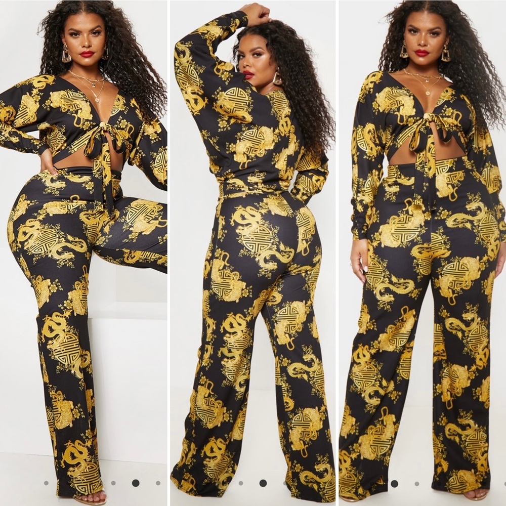 Plus size black dragon print tie front jumpsuit